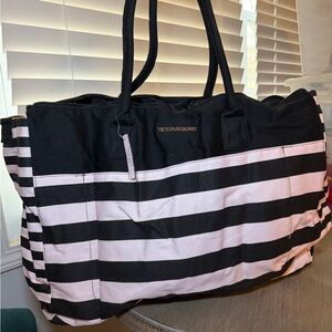 Victoria's Secret XL Black and Pink Striped Women's Bag